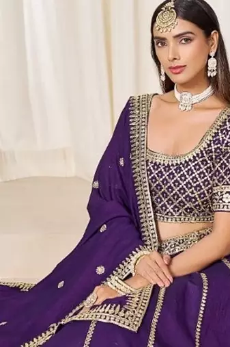 purple embriodered art silk lehenga set with choli and dupatta