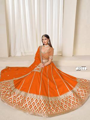 orange embriodered art silk blend lehenga set with choli and dupatta 2