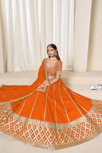 orange embriodered art silk lehenga set with choli and dupatta