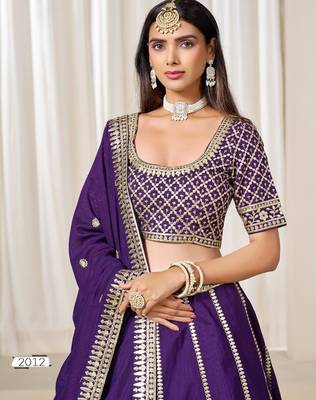 purple embriodered art silk blend lehenga set with choli and dupatta 3