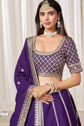 purple embriodered art silk lehenga set with choli and dupatta