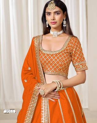 orange embriodered art silk blend lehenga set with choli and dupatta 3
