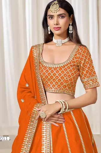 orange embriodered art silk lehenga set with choli and dupatta