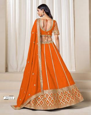 orange embriodered art silk blend lehenga set with choli and dupatta 4