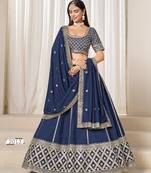 navy embriodered art silk lehenga set with choli and dupatta