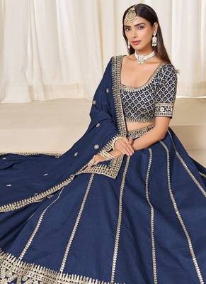 navy embriodered art silk blend lehenga set with choli and dupatta 2