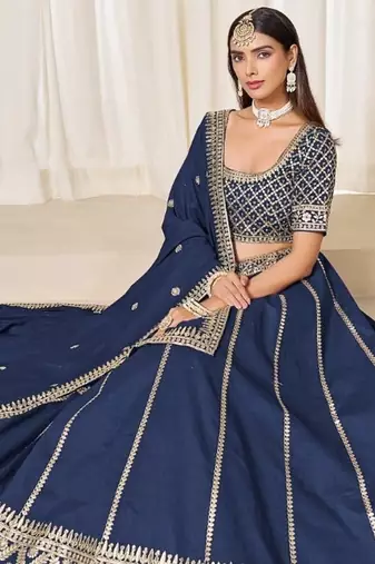 navy embriodered art silk lehenga set with choli and dupatta