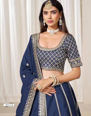 navy embriodered art silk blend lehenga set with choli and dupatta 3