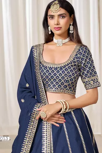 navy embriodered art silk lehenga set with choli and dupatta