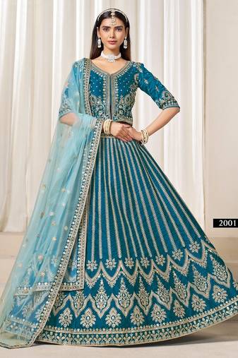 Teal heavy embriodered art silk designer semi stitched Lehenga choli
