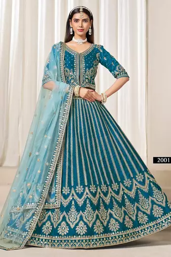 Teal heavy embriodered art silk designer semi stitched Lehenga choli