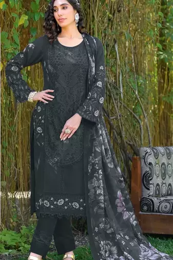 Black embroidered sequence work heavy fox georgette unstitched suit