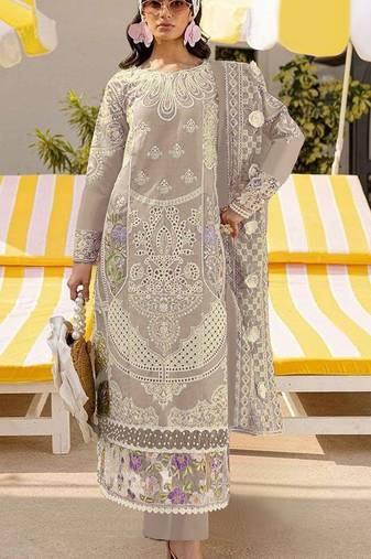 Beige embroidered sequence work heavy fox georgette unstitched suit borring with moti