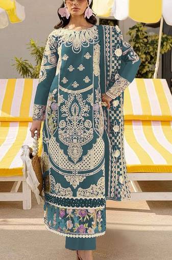 Teal embroidered sequence work heavy fox georgette unstitched suit borring with moti