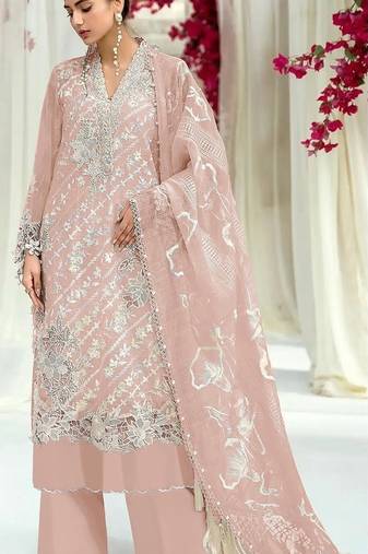 Peach embroidered sequence work heavy fox georgette unstitched suit with zarkan
