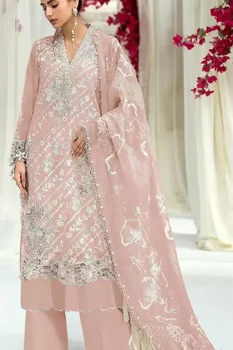 Peach embroidered sequence work heavy fox georgette unstitched suit with zarkan