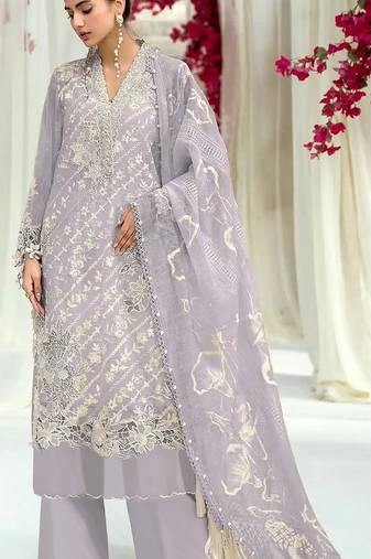 Lavender embroidered sequence work heavy fox georgette unstitched suit with zarkan