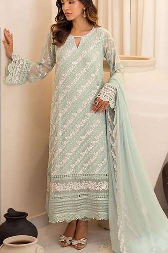 Sea green embroidered sequence work heavy fox georgette unstitched suit with zarkan