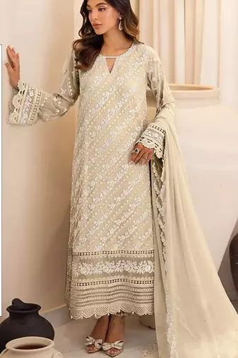 Beige embroidered sequence work heavy fox georgette unstitched suit with zarkan