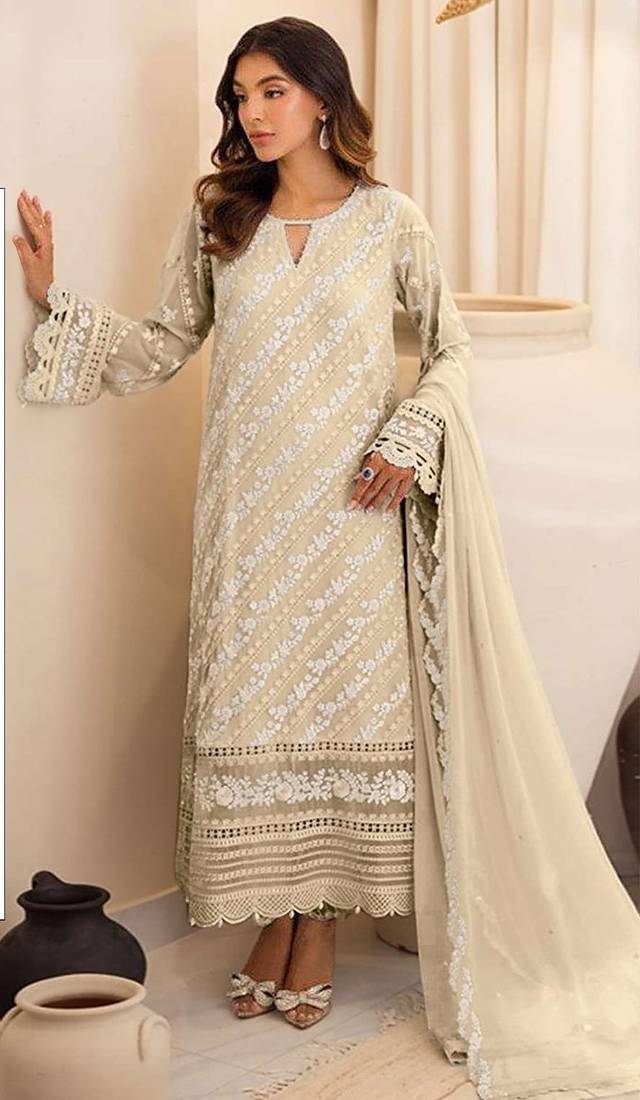 Beige embroidered sequence work heavy fox georgette unstitched suit with zarkan