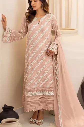 Peach embroidered sequence work heavy fox georgette unstitched suit with zarkan