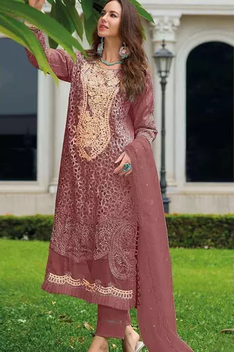 Coral embroidered sequence cut work heavy organza unstitched suit with moti & frill