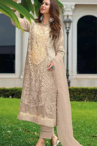 Cream embroidered sequence cut work heavy organza unstitched suit with moti & frill