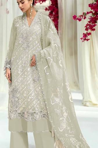 Sea green embroidered sequence work heavy fox georgette unstitched suit with zarkan