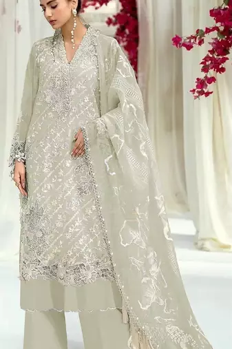 Sea green embroidered sequence work heavy fox georgette unstitched suit with zarkan
