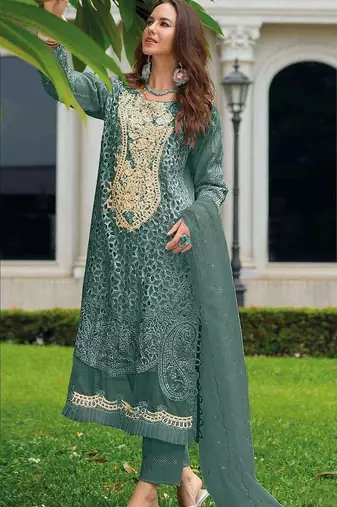 Dark green embroidered sequence cut work heavy organza unstitched suit with moti & frill