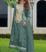 Dark green embroidered sequence cut work heavy organza unstitched suit with moti & frill