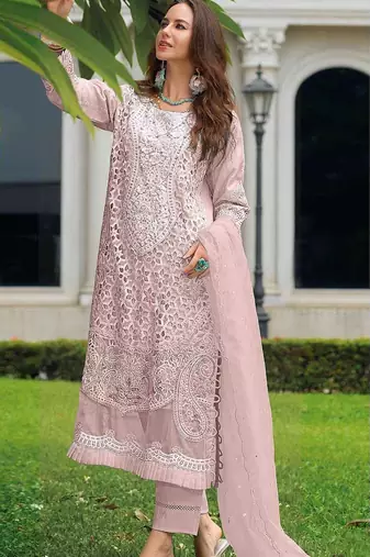 Baby pink embroidered sequence cut work heavy organza unstitched suit with moti & frill