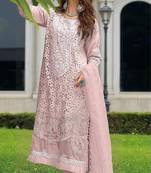 Baby pink embroidered sequence cut work heavy organza unstitched suit with moti & frill