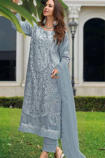 Grey embroidered sequence cut work heavy organza unstitched suit with moti & frill