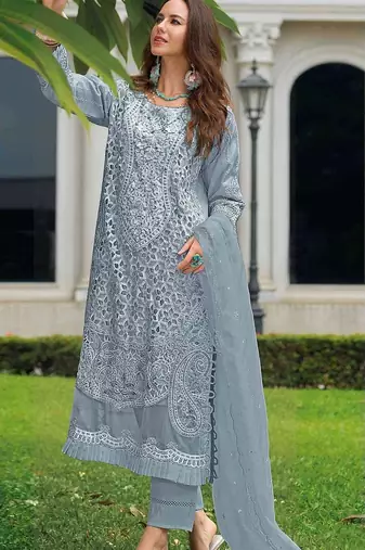 Grey embroidered sequence cut work heavy organza unstitched suit with moti & frill