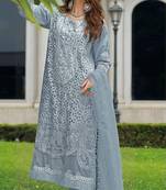 Grey embroidered sequence cut work heavy organza unstitched suit with moti & frill