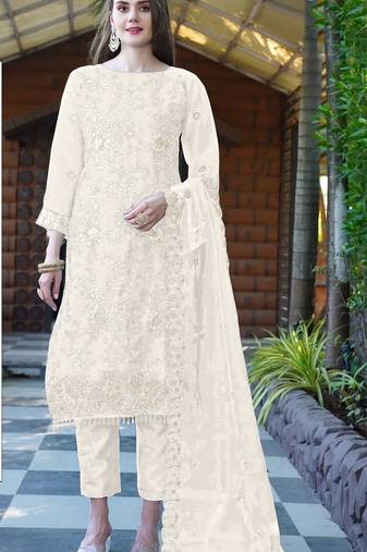 White embroidered sequence work heavy organza unstitched suit with moti & fancy lace