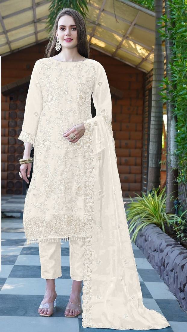 White embroidered sequence work heavy organza unstitched suit with moti & fancy lace