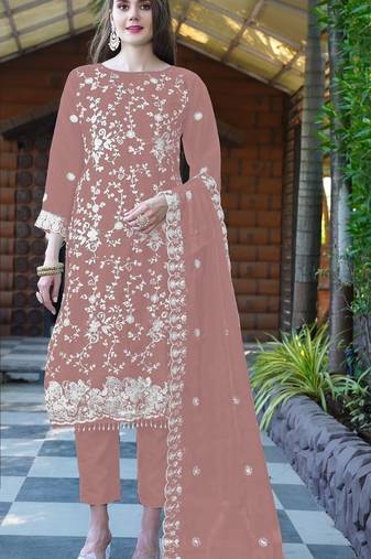 Peach embroidered sequence work heavy organza unstitched suit with moti & fancy lace