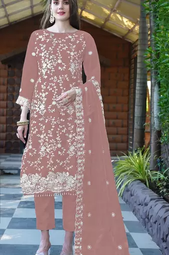 Peach embroidered sequence work heavy organza unstitched suit with moti & fancy lace