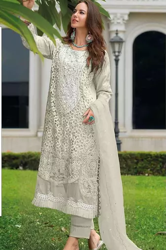 White embroidered sequence cut work heavy organza unstitched suit with moti & frill