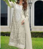 White embroidered sequence cut work heavy organza unstitched suit with moti & frill