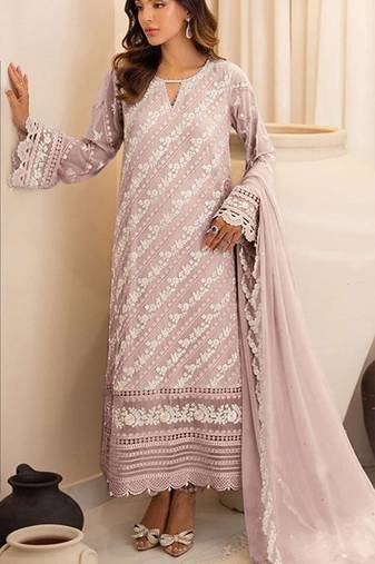 Baby pink embroidered sequence work heavy fox georgette unstitched suit with zarkan