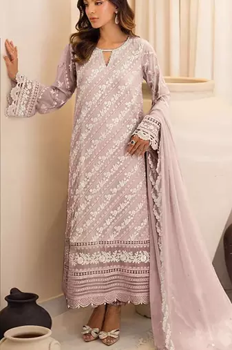 Baby pink embroidered sequence work heavy fox georgette unstitched suit with zarkan