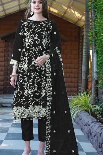 Black embroidered sequence work heavy organza unstitched suit with moti & fancy lace