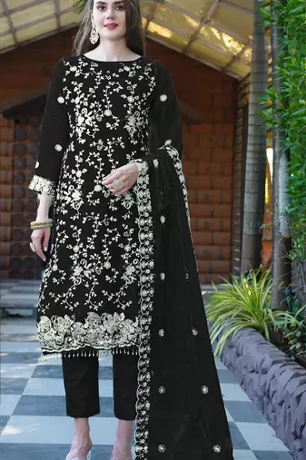 Black embroidered sequence work heavy organza unstitched suit with moti & fancy lace
