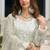 White embroidered sequence cut work heavy organza unstitched suit with moti & frill