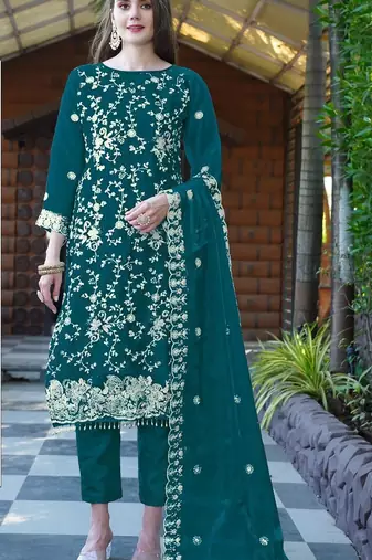 Teal embroidered sequence work heavy organza unstitched suit with moti & fancy lace