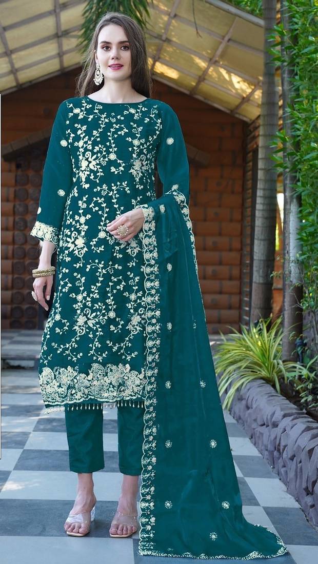 Teal embroidered sequence work heavy organza unstitched suit with moti & fancy lace