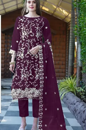 Maroon embroidered sequence work heavy organza unstitched suit with moti & fancy lace